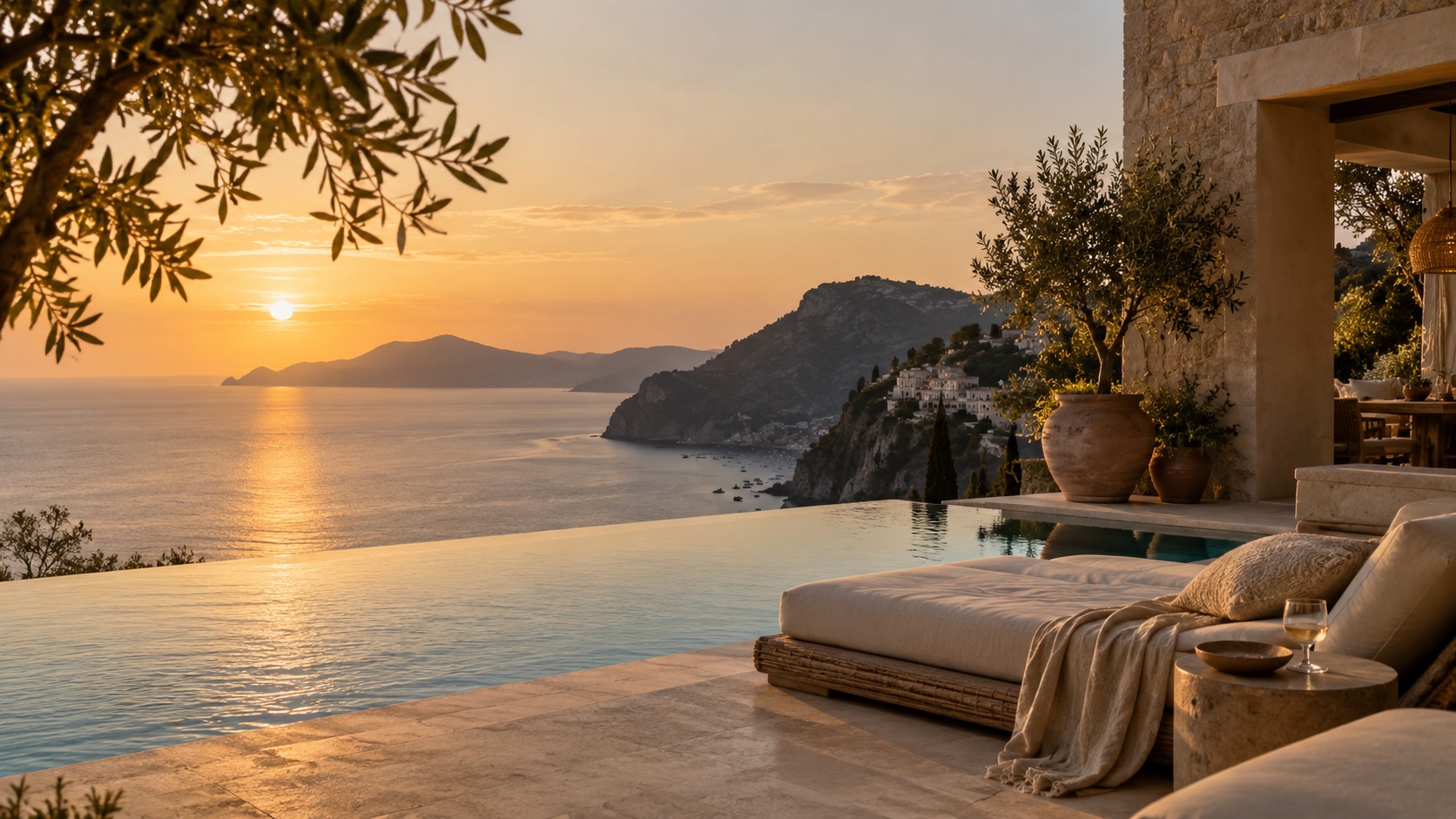 A quiet coastal terrace at sunset
